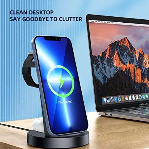 3 in 1 Fast Wireless Charging Station Compatible With iPhone 13/12/11, Dock Stand With Clock for Watch Series & AirPods (Adapter Included) 5