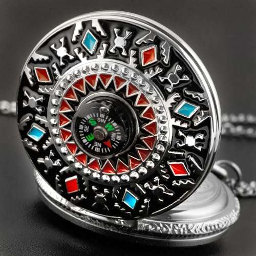 Retro Pocket Watch Relief Art American Southwest Cross Totem Compass Case Quartz Pocket Watch with Chain Christmas Graduation Birthday Gifts(Silver) 4