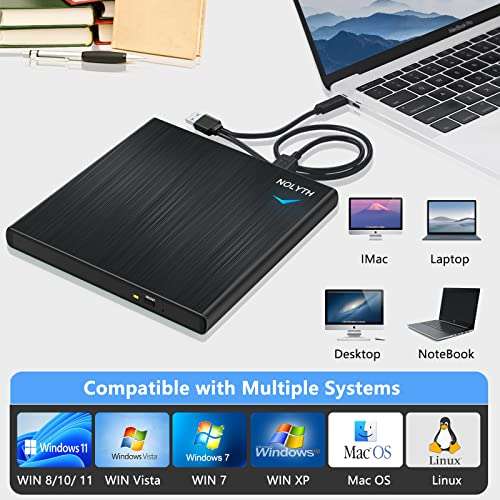 NOLYTH External CD DVD Drive for Laptop: USB CD Burner Plug and Play for Mac MacBook PC Windows - Portable with 1 Audio 2 USB Ports Slim Player Reader for CDs and DVDs 6