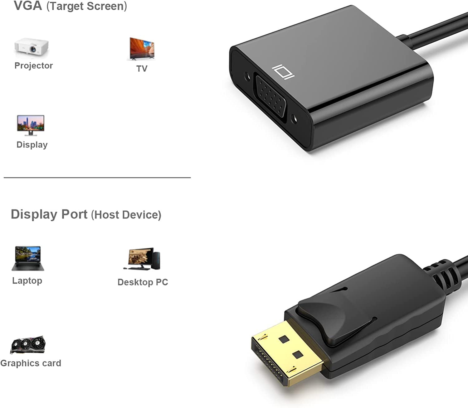 BLACK CROWN DisplayPort (DP) to VGA Adapter, Gold-Plated Display Port to VGA Adapter (Male to Female) Compatible with Computer, Desktop, Laptop, PC, Monitor, Projector. (Black) 4