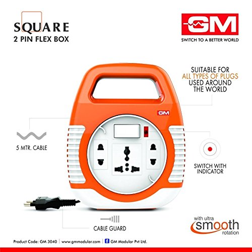 GM 3040-Square 2 Pin Flex Box 5 meter (with Handle, Indicator and International Socket) (Pack of 2) 5