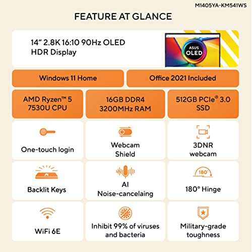 ASUS Vivobook 14 OLED (2023), AMD Ryzen 5 7530U, 14" (35.56 cm) 2.8K OLED 90Hz, Thin & Light Laptop (16GB/512GB SSD/Windows 11/Office 2021/Alexa/Backlit KB/FP Sensor/Black/1.60 kg), M1405YA-KM541WS 2