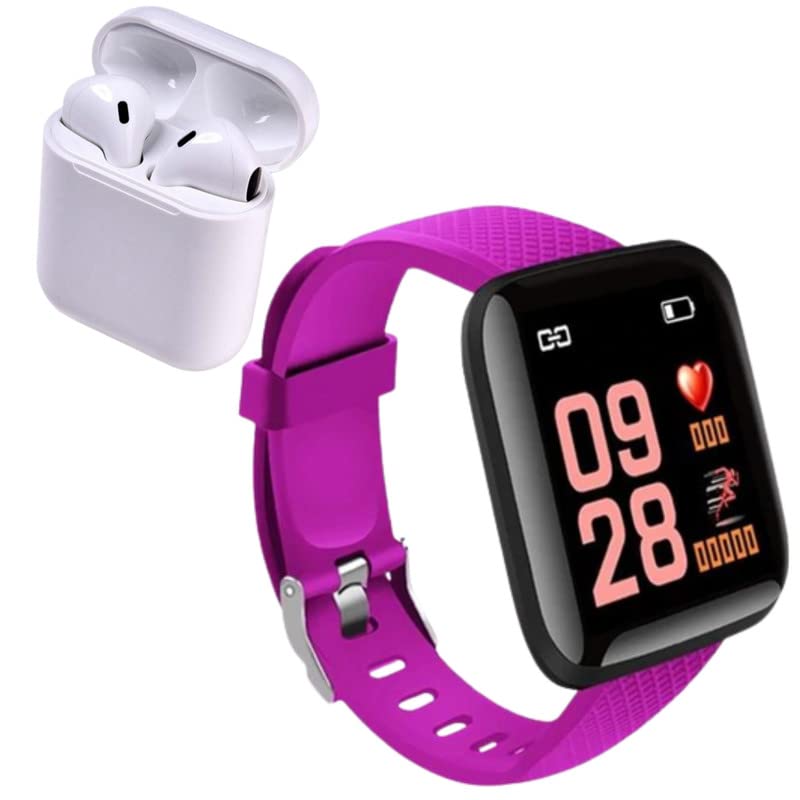 Texton Combo Pack of 2 Items - Bluetooth D116 SmartWatch with Heart Rate Monitor-Purple, True Wireless Pocket Friendly Bluetooth Headset for Boys/Girls (2 Year Warranty) 1