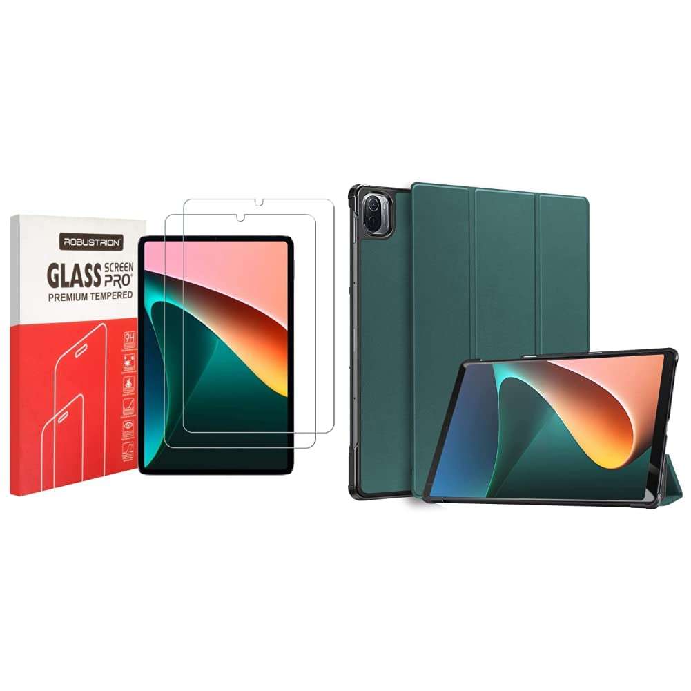 Robustrion Pack of 2 Anti-Scratch & Smudge Proof Tempered Glass Screen Protector & Smart Trifold Hard Back Flip Stand Case Cover for Xiaomi Mi Pad 5 Cover 11 inch - Dark Green 1