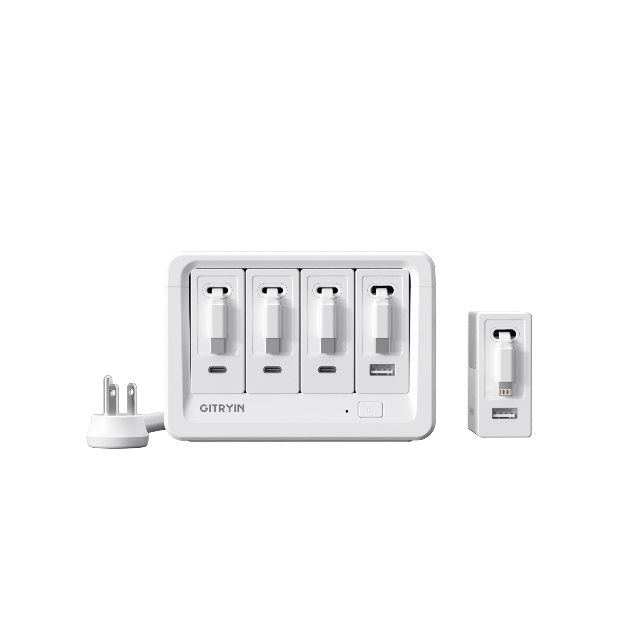 Gitryin 1 Lightning, 4 Type-C Retractable Wall Chargers with 2 USB A Ports and 1 Power Strip, Desktop Charging Station 1