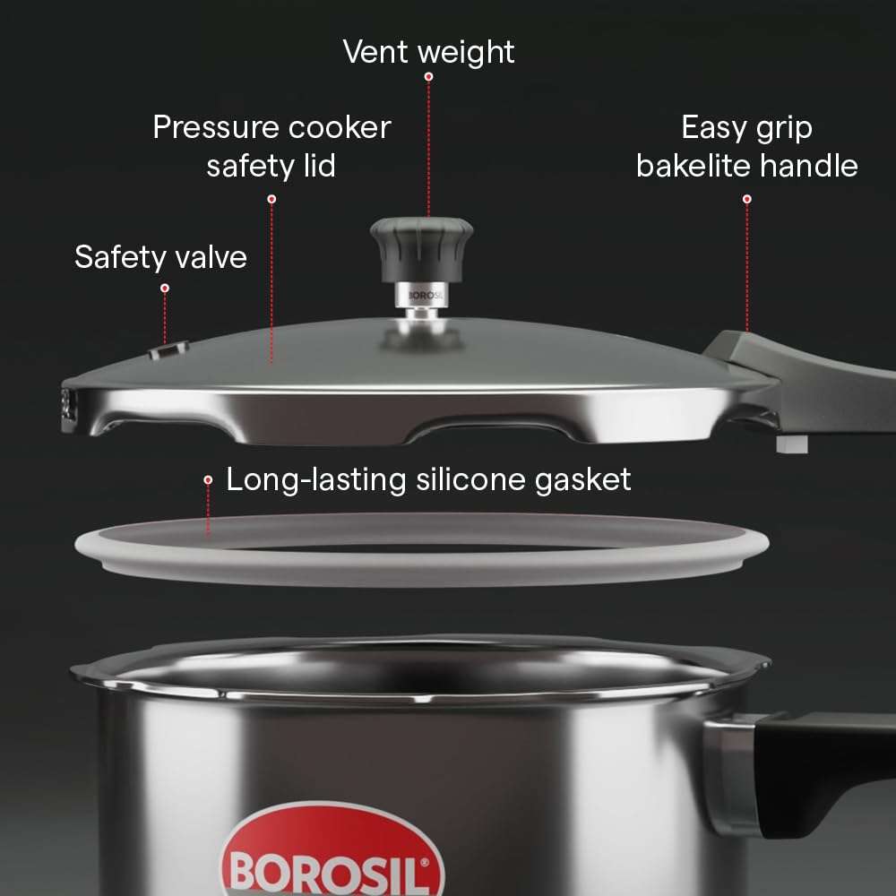 Borosil Triply Pressure Cooker | SS304 Food Grade Stainless Steel | Even Heat Distribution | Gas Stove & Induction Compatible | Dishwasher Safe | 5 Years Warranty (2 L, Outer Lid) 5