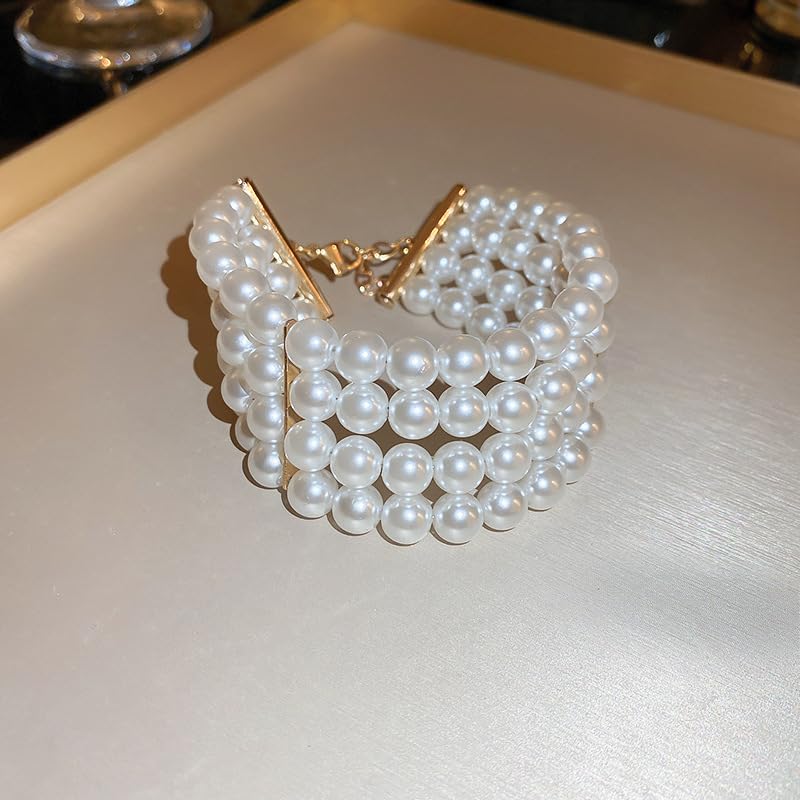 Chargances 2pcs 1920s Faux Pearl Jewelry Set Dainty 4-tier Pearl Necklace Multi-Layered Chunky Bracelet Bridal Wedding Accessories for Women 6