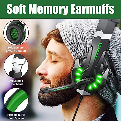 BENGOO G9000 Stereo Gaming Headset for PS4 PC Xbox One PS5 Controller, Noise Cancelling Over Ear Headphones with Mic, LED Light, Bass Surround, Soft Memory Earmuffs for Laptop Mac - Green 3