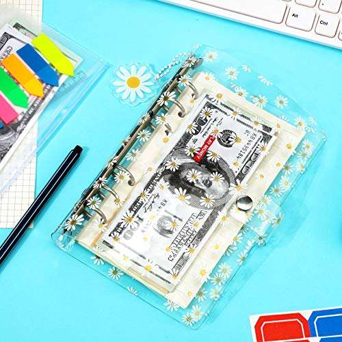 2 Pieces Daisy A6 Binder Cover Refillable 6 Ring Notebook Binder with Acrylic Daisy Pendant and 5 Pieces 6 Holes A6 Zipper Pocket 2 Sheet Self-Adhesive Writable Label for Home Office School 4