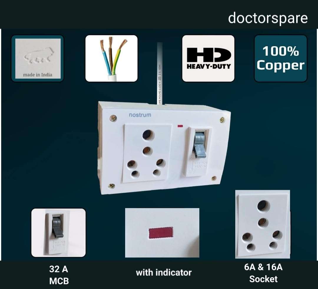 Power Extension Board with Copper Wire, 6A/16A Socket, Built-in 32A MCB/Indicator Light | Extension Box for Vaccume Cleaner, Air Purifier & Multiple Home Appliances (16A Big Plug, 3 metre Wire) 6