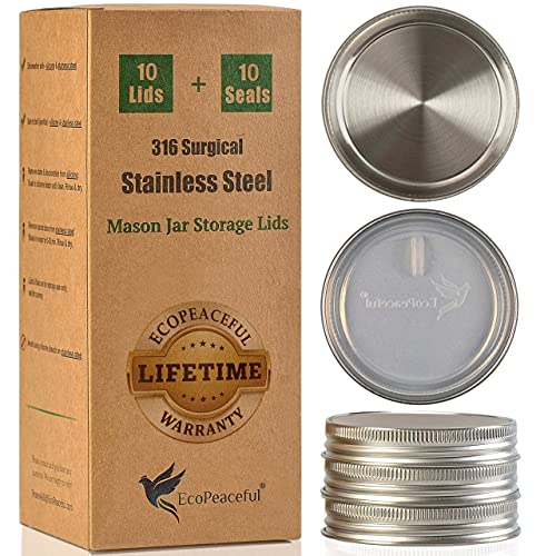 EcoPeaceful 316 Surgical Stainless Steel Mason Jar Lids REGULAR Mouth - Rust-proof, Airtight, Leak-proof, BPA-Free, PVC-free, Vegan, Reusable - Not for Canning 1