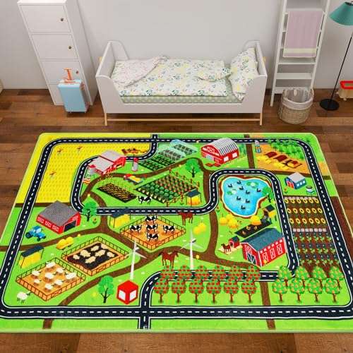 Mfmiudole Kids Rug Play Rug for Toy Cars, 39.4"×59" Farm Life Road Traffic for Playroom Kid Car Road Mat Village Map Play Mat Non-Slip Washable Carpet for Toddler Boy Family Tummy Time Playtime 1