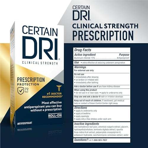 Certain Dri Prescription-Strength Clinical Antiperspirant Roll-On for Hyperhidrosis - 72-Hour Sweat Protection - Fragrance-Free - Doctor-Recommended for Men & Women - 1.2 fl oz 6