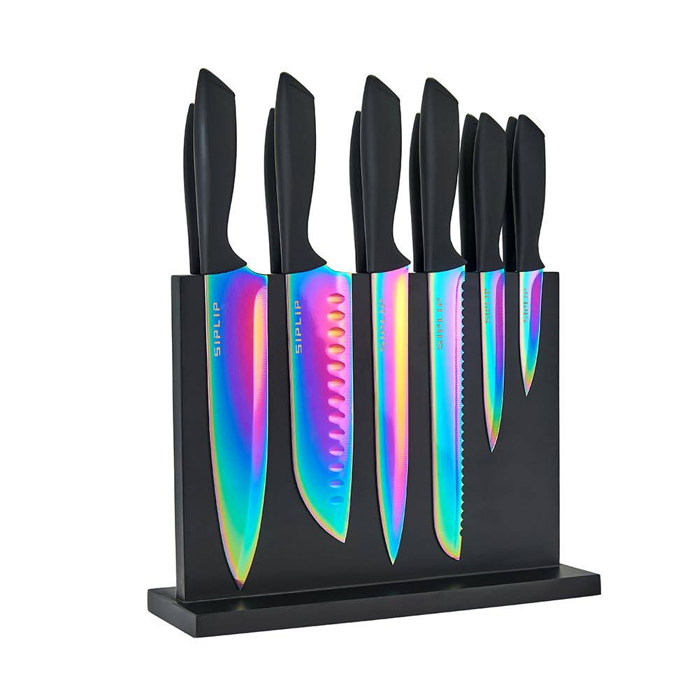 SipLip Kitchen knife set with Magnetic knife holder, 15 pieces high carbon stainless steel sharp kitchen knife set including chef's knife, bread knife, serrated steak knife set, knife sharpener 1