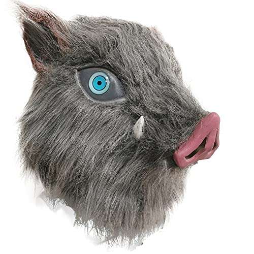 HACoser Hashibira Inosuke Mask Anime Boar Fluffy Cosplay Helmet Halloween Party Fancy Dress Costume Props (Grey) One Size 1