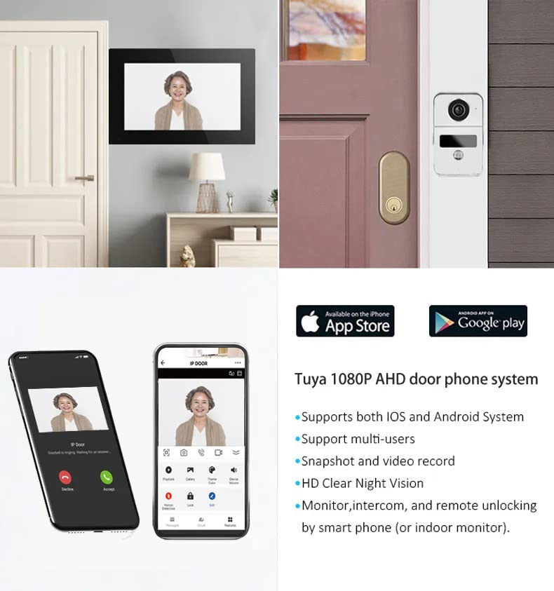 Wireless Video Doorbell Intercom with 7 inch Touch Monitor System,1080P Video Entry Doorphone Door Camera with Lock,TUYA WiFi Smart Home Video Intercom Kits for Home Apartment 5