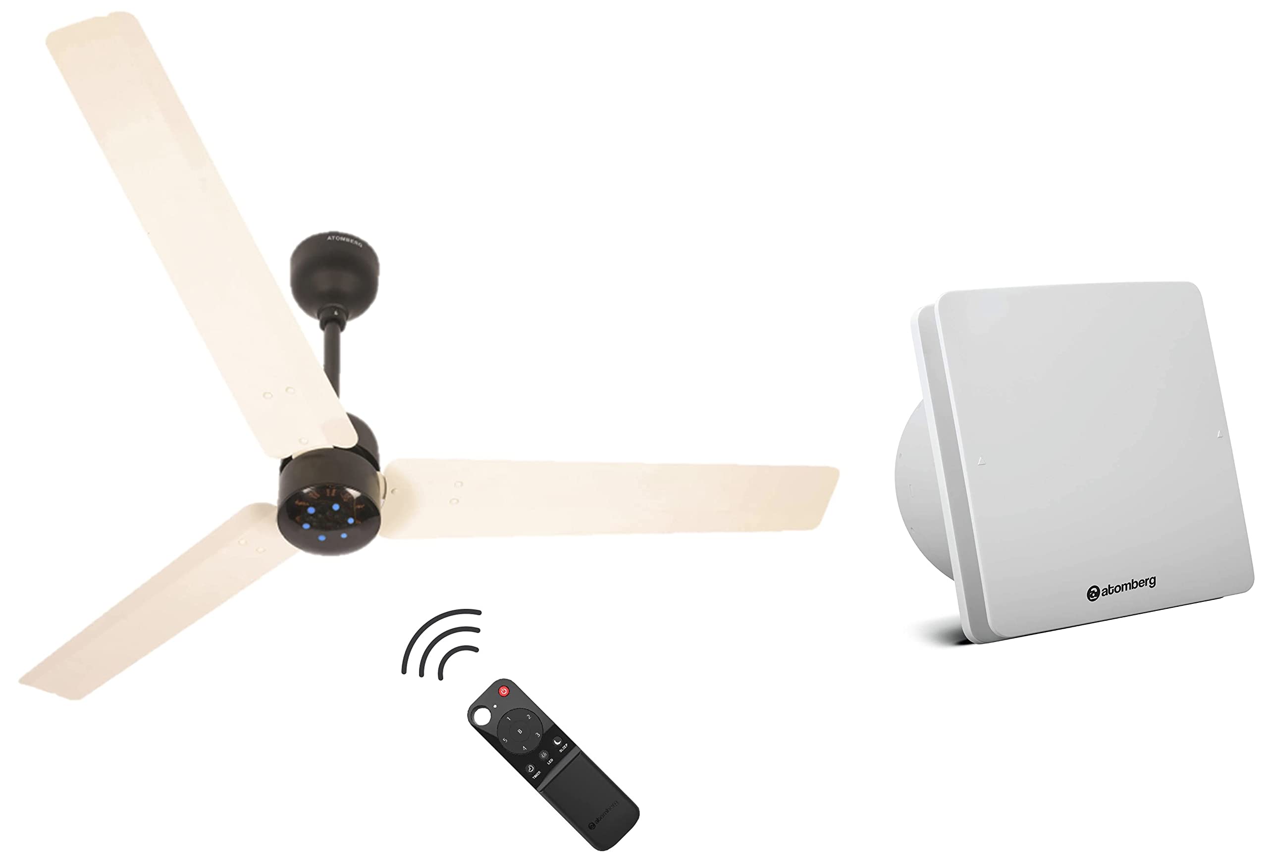 atomberg Renesa 1200 mm BLDC Motor with Remote 3 Blade Ceiling Fan (Ivory Black, Pack of 1) & Studio 150mm BLDC Motor Energy Saving Exhaust Fan |White Formerly Gorilla 1