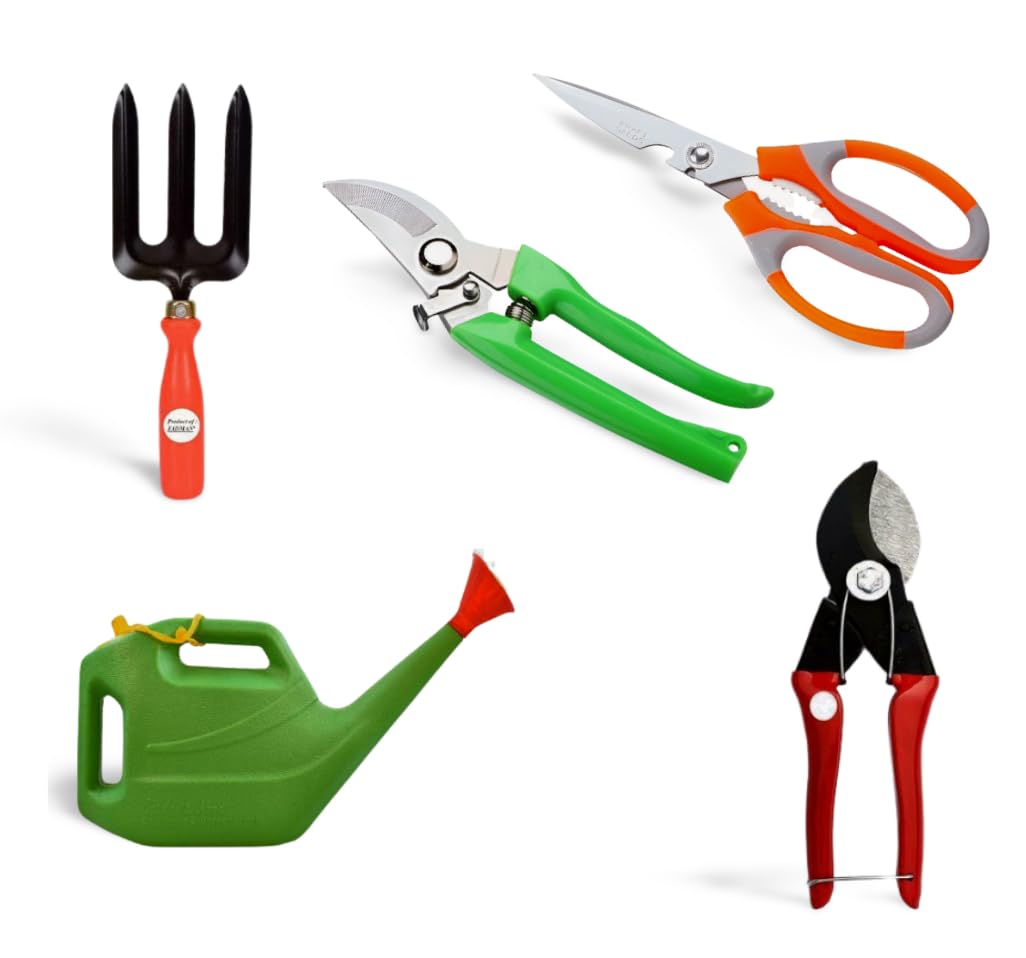 FADMAN Home Gardening Tool KIT (Garden Fork, Watering CAN, German Pruner, Scissor, Double Cut Pruner) 1