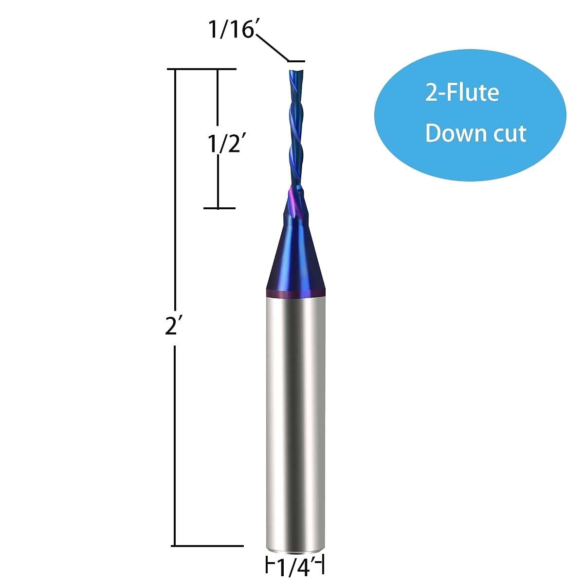 DashHound 2PCS Solid Carbide Spiral Plunge Down Cut 1/16 inch Cutting Dia 1/4 inch Shank Solid Carbide End Mill with Nanco Blue Coating CNC Router Bits for Wood Cut 3D Carving Engraving BRD222 3
