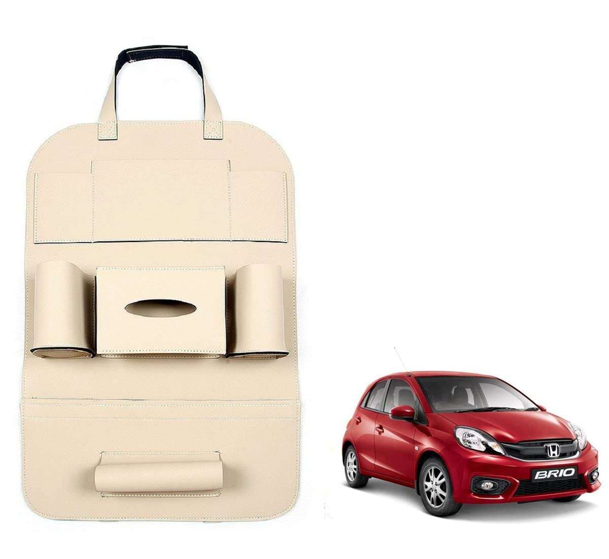 Oshotto Car Backseat Storage Organizer Phone Holder,Multi-Pocket for Bottles, Tissue Boxes,Kids Toy Storage and Great Travel Accessory Compatible with Honda Brio (Beige) 1