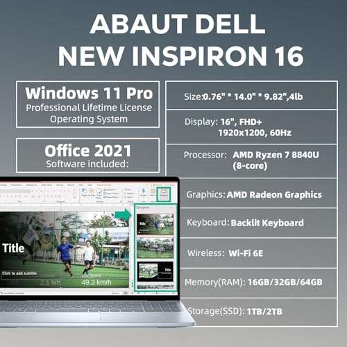 Dell Inspiron 16 Business Laptop - 16" FHD+ Display | AMD Ryzen 7-8840U(8-Core) | 32 GB DDR5 | 2 TB SSD | AMD Radeon | WiFi 6E | Backlit KB | Win 11 Pro 4