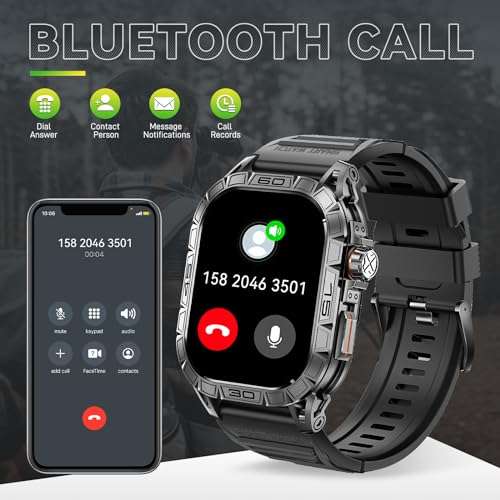 Military Smart Watch for Men with Compass(Answer/Dial Call) 1.96" AMOLED Always On Display Rugged Outdoor Tactical Smartwatch with Heart Rate Blood Pressure Sleep Monitor Fitness Watch for Android iOS 4