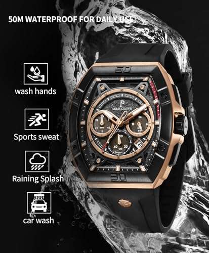 PC PARAS CROWN Mens Watches Luxury Tonneau Quartz Watch for Men Japanese Movement Waterproof Sport Watch, Gifts for Men 6