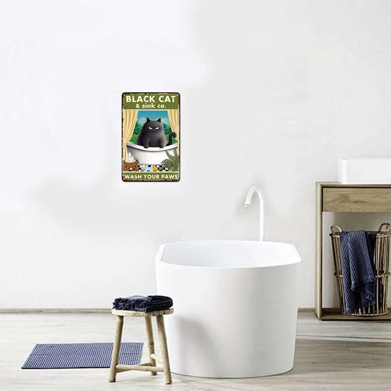 Retro Black Cat Metal Tin Signs Sink Wash Your Paws Plaque Wall Decor Vintage Funny Bathroom Signs Wall Art Accessories Gifts for Cat Lovers 12x8 Inches 6
