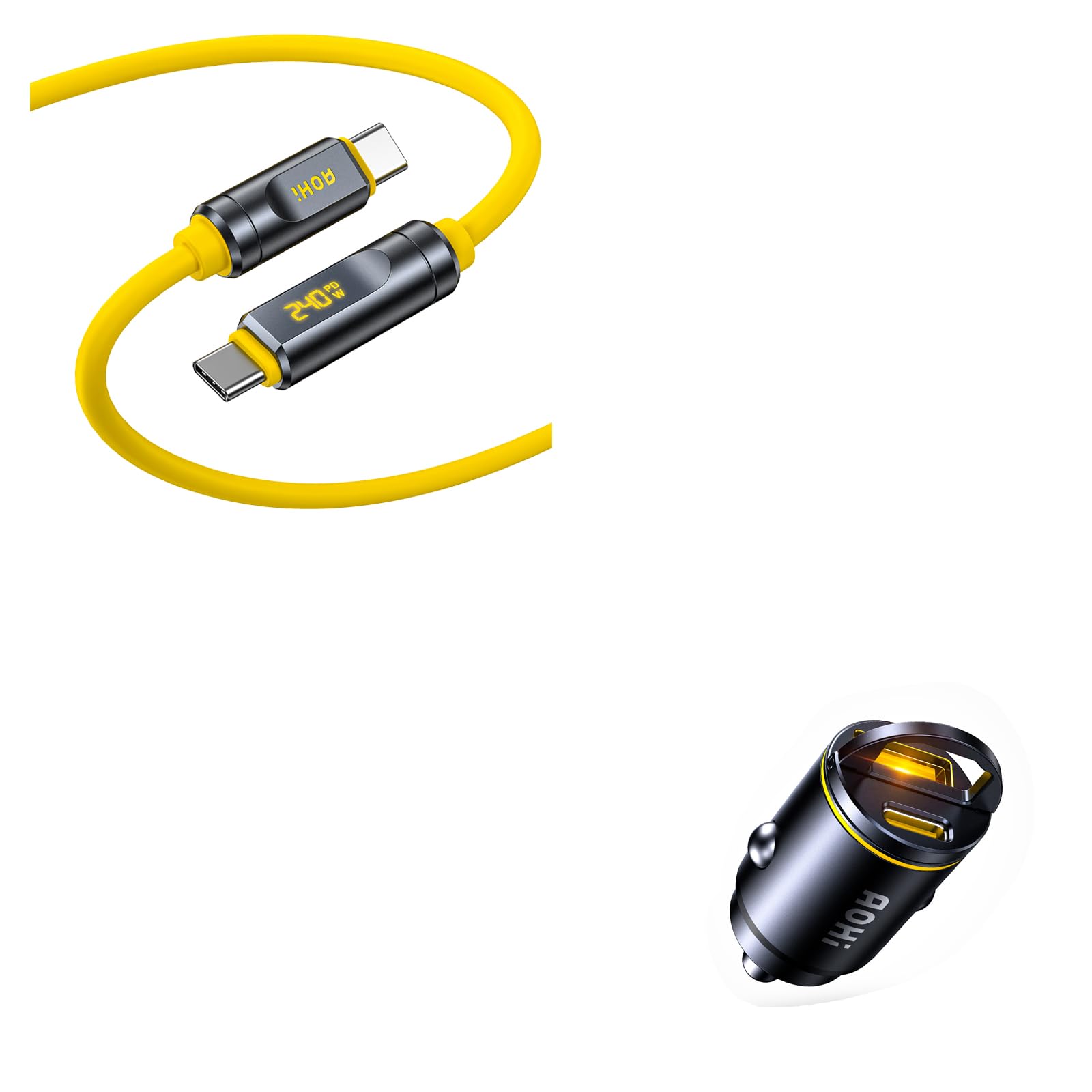 AOHI USB C Car Charger, PD 45W&QC 30W 2 Port Type-C Fast Charging Car Charger Lighter+AOHI 240W USB4 2.0 Cable with LED Digital Display 3.3ft with Dual 80Gbps Data Transfer and Dual 8K Video Display 2