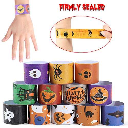 48 PCS Halloween Slap Bracelets for Kids Snap Bracelets Bulk with Spider Pumpkin Ghost Animal Print Craft Halloween Party Favors Birthday Gifts 5