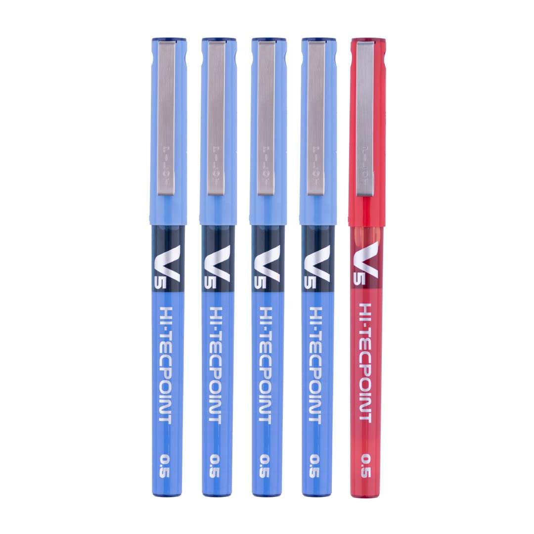 Pilot V5 Roller Ball Pen Pack of 5 (4 Blue, 1 Red) Hi-Techpoint 05-1Blue + 1Black + 1Green 3