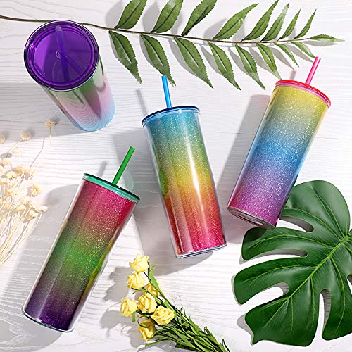 Home Tune Rainbow Tumbler with Straw, Sand Flow Glitter Double Wall Acrylic Cup Tumbler, 21 oz / 640ml (Green) 5