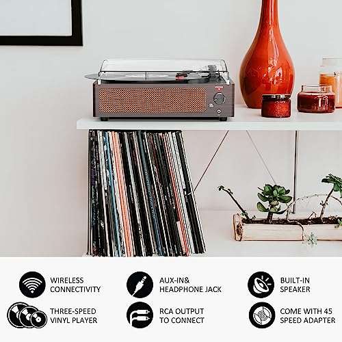 WOCKODER Vinyl Record Players Turntable with Built-in Two Speakers Belt-Driven All-in-one Retro Turn tables 3 Speed 3 Size LP Phonograph BT Wireless Bluetooth Receiver Headphone AUX-in RCA Vintage Red 5