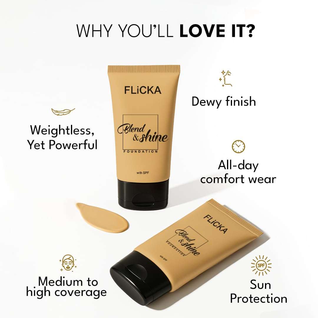 FLiCKA Blend & Shine Liquid Foundation for Face Makeup 30ml | Medium to High Coverage | Vitamin E, Avocado Oil & SPF | Moisturizing, Lightweight, Waterproof | All Skin Types | 04 Walnut ,Matte Finish 5