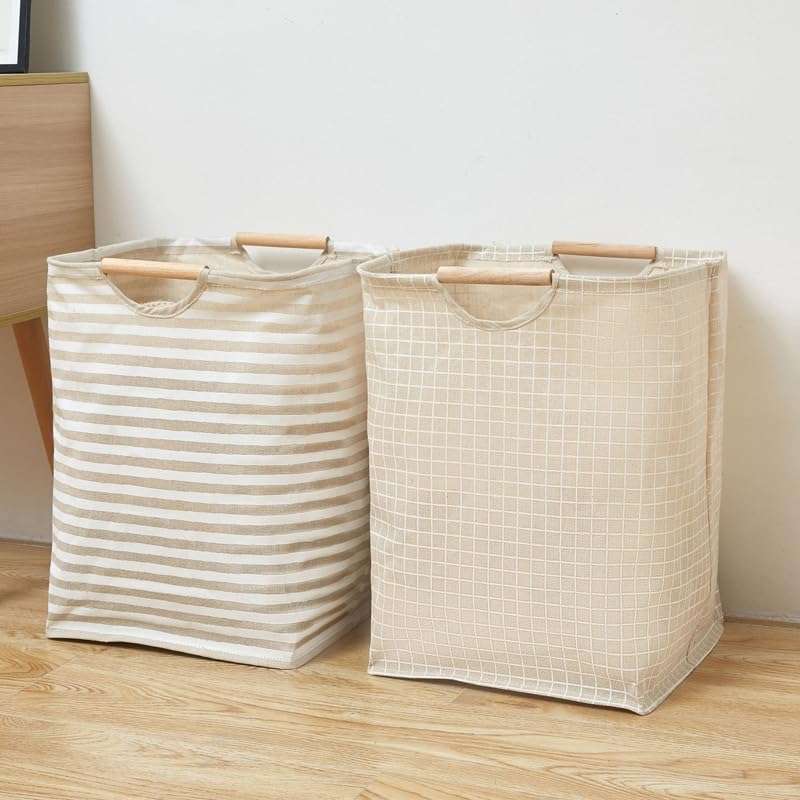 House of Quirk 52 Litre Linen Cotton Collapsible Laundry Basket For Folding Portable Dirty Clothes Storage Hamper (Beige/White Vertical) 3