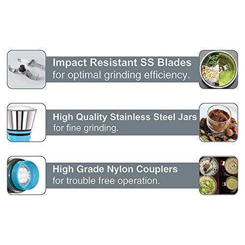 Cello Elite 500-Watt Mixer Grinder with 3 Stainless Steel Jars (Blue) 4