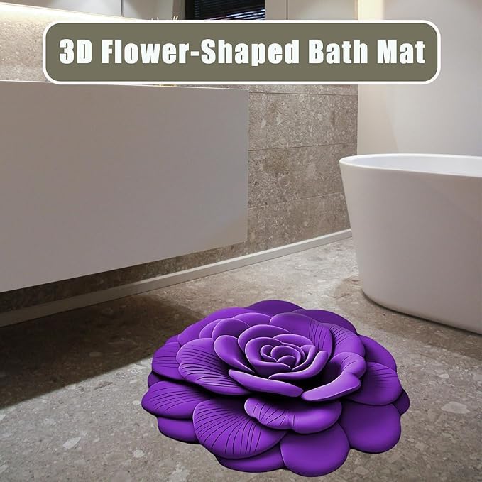 VALDIVIAN Floral Plush & Diatomaceous Earth Floor Mat – 3D Flower Design, Soft and Comfortable, Super Absorbent, Dual-Sided Non-Slip, Quick-Dry Bathroom Rug for Bedroom, (Blue-Purple) 6