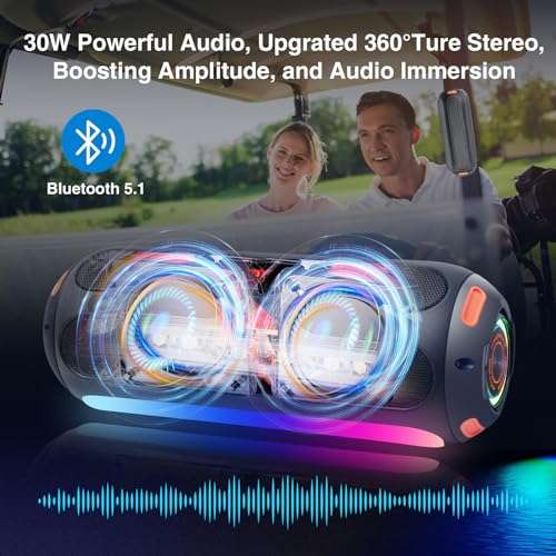 ATOVANKA Magnetic Solar Bluetooth Speaker,Portable Golf Cart Speaker with 7 Colorful Flashing Lights, 30W Super Bass 15H Playtime, IP66 Waterproof, for Outdoor, Home, Party, Beach, Travel 5