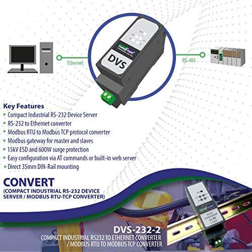 Compact Industrial RS232 Device Server, RS232 to Ethernet Converter, Modbus RTU to Modbus TCP Converter, 600W Surge and 15kV ESD Protection, DIN-Rail Mount, Power Adapter Included 4