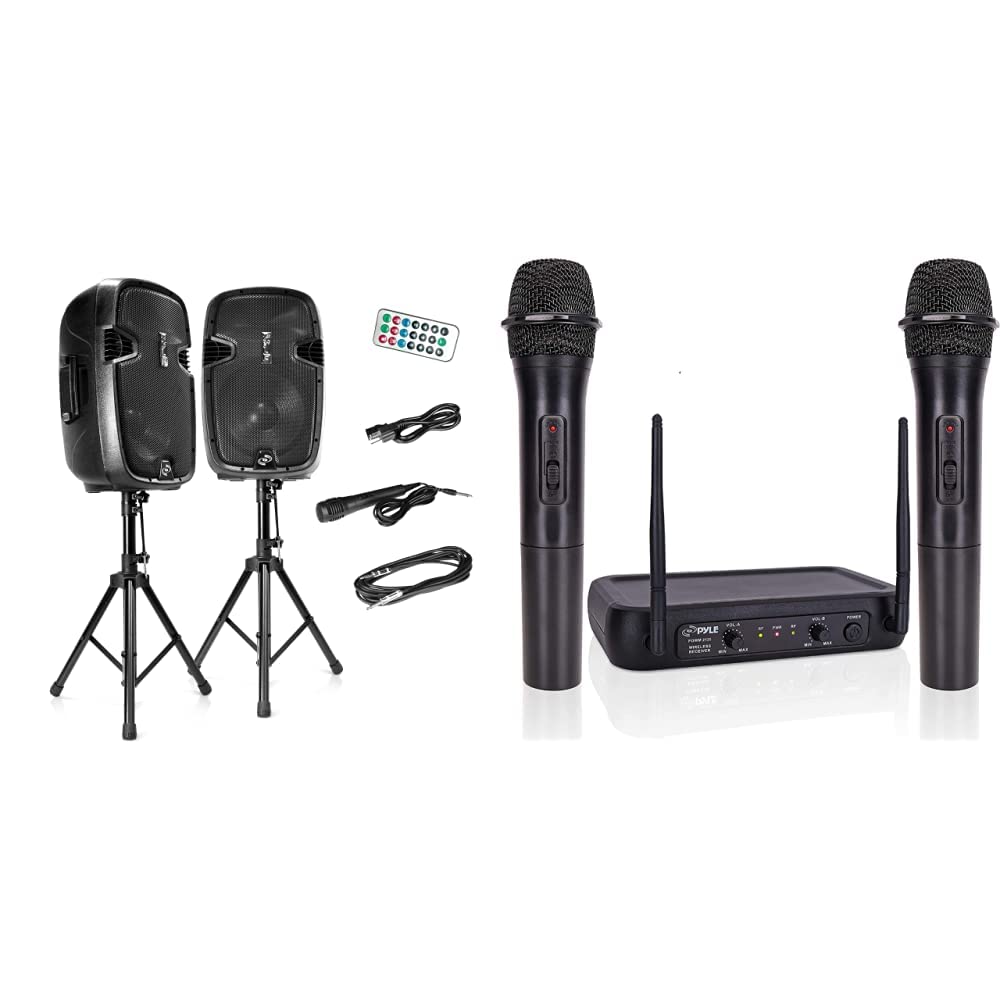 Pyle 1800W Bluetooth Wireless Portable PA System with 12" Subwoofers + Pyle 2-Channel VHF Wireless Microphone System 1