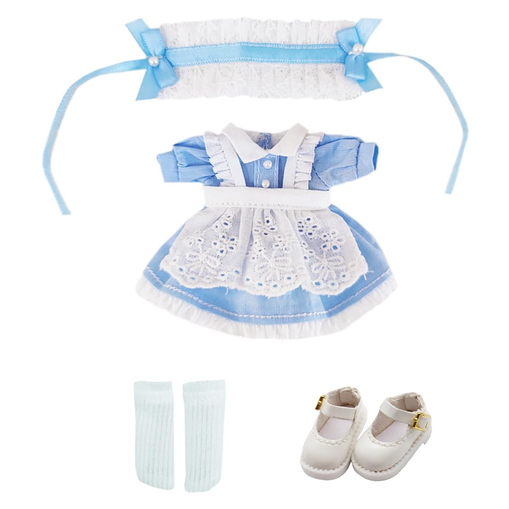 niannyyhouse 1/12 BJD Doll Clothes Headwear Dress Apron Shoes Socks Maid Outfit OB11 4.3in Action Figures Doll Dressup (Blue) 1