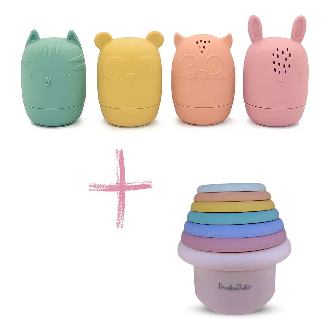 BrushinBella Silicone Bath Toys 4-Pack - Cleanable Silicone Toys with Montessori Stackable Cups - Baby Bath Toys - Dishwasher-Safe Bath Toys - Toddler Tub Toys - Baby Bath Essentials 1