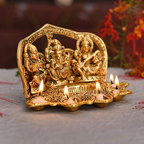 Collectible India Laxmi Ganesh Saraswati Idol Diya Oil Lamp Deepak - Metal Lakshmi Ganesha Showpiece Statue - Traditional Diya for Diwali Puja - Diwali Home Decoration Items Gifts (1) (1) 3