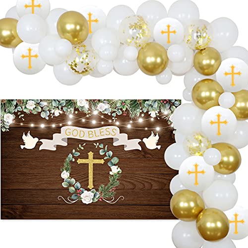 Funmemoir Baptism Party Decorations White And Gold First Holy Communion Decorations For Boys Girls Balloon Garland Kit With Rustic Wood Backdrop, God Bless Christening Decorations For Party 5