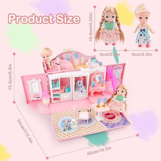 MIVEAS CARE Kids Dollhouse Playset Portable Dollhouse Toy Girls Pretend Playhouse with Furniture & Figures 2 in 1 Playhouse Set Birthday Gifts for Age 3-6 Year Old Kindergarten Toddlers Preschoolers 6