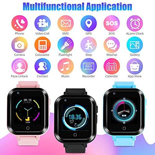 4G Watch Phone for Children, Kids Smart Watch, 2-Way Calls, GPS Location, IP67 Waterproof, Messages, School Mode, SOS, Video Calls, Camera, Remote Control, Torch, Pedometer Smartwatch (Concise Pink) 2