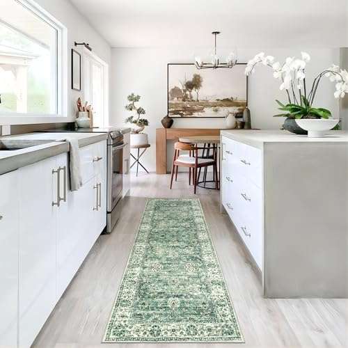 LIVEBOX Green Washable 2x6 Runner Rug for Entryway, Non Slip Kitchen Mats for Floor Bathroom, Vintage Indoor Front Door Mat Low-Pile Runners for Hallways Bath Laundry, Green 6