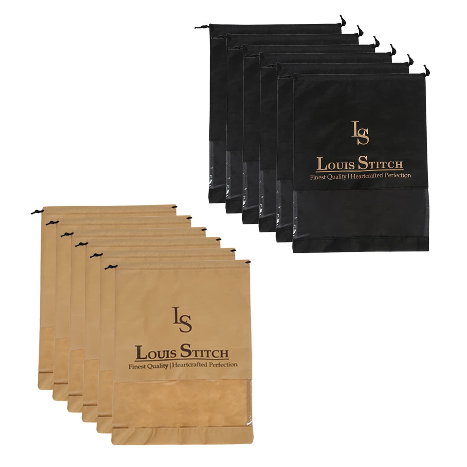 LOUIS STITCH Non-Woven Shoe Bag Travel Accessories Shoes Storage Cover Waterproof String Bag's Organizer Combo for Men Women Unisex (Pack of 12) (Black & Beige See-Thru) 1