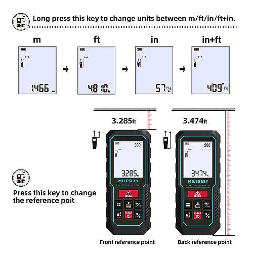 MiLESEEY Laser Measure 100M/328Ft, Laser Tape Measure,±2mm Accuracy Digital Tape Measure with Area, Volume Measurement, LCD Backlit, Mute Function, IP54, Battery Included 6