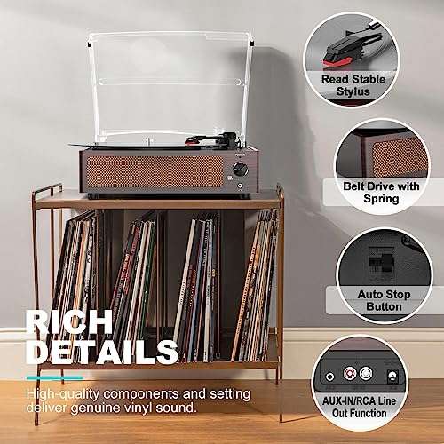 WOCKODER Vinyl Record Players Turntable with Built-in Two Speakers Belt-Driven All-in-one Retro Turn tables 3 Speed 3 Size LP Phonograph BT Wireless Bluetooth Receiver Headphone AUX-in RCA Vintage Red 6